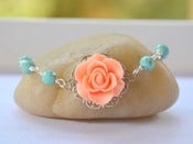 Image of Peach Rose and Turquoise Beaded Bracelet - BF003