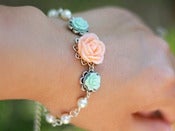 Image of Peach Rose and Pastel Green Roses with Ivory Swarovski Pearls Bracelet - BF005