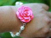 Image of Hot Pink Magenta Rose and White Swarovski Pearl Bracelet - BF006