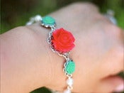 Image of Candy Red and Turquoise Roses with White Swarovski Pearls Bracelet - BF007