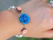 Image of Capri Blue and Coral Roses with White Swarovski Pearls Bracelet - BF009