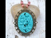 Image of Vintage Style Opera Length Turquoise Flower Cameo Necklace with Coral Beads in Antique Brass - NF006