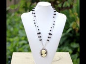 Image of Black and White Girl Vintage Style Cameo Long Necklace with Black Swarovski Pearls - NF009