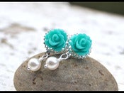 Image of Turquoise Rose and White Swarovski Pearl Stud Earrings - EFS003
