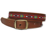 Image of Tan leather belt featuring red aztec trim : 25mm wide.