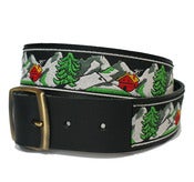 Image of Black leather waist belt with snowy mountain trim : 38mm wide