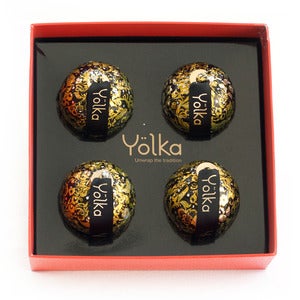 Image of Four Black Foil Ornaments <br> in a Red Gift Box