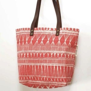 Image of Coral/Red Market Weave Screen-Printed Tote Bag