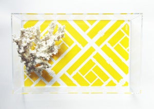 Image of Canary Yellow Faux Bamboo Lucite Tray with Handles