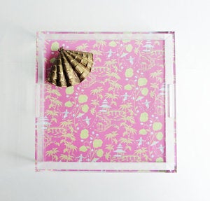 Image of Pink Chinoiserie Lucite Tray with Handles