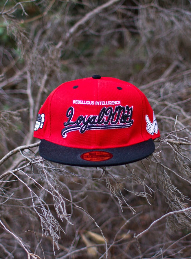 Image of Loyal K.N.G. Cursive Script Red/Black Snapback Cap #02