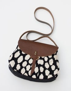 Image of - S O L D O U T- black + cream ikat dots crossbody with a LEATHER flap!