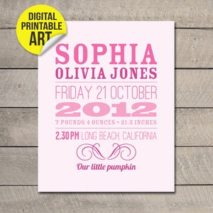 Image of Custom Baby Birth Printable JPEG or PDF (blue, pink, green, lavender, orange) - 20x25cm