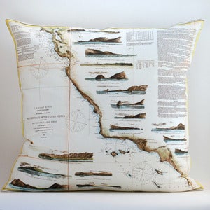 Image of Vintage US PACIFIC COAST Map Pillow, Made to Order 18" x18" Cover