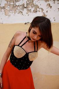 Image of Magical Wonderland Black Gold Pearler Pearl Beading Halter Neck Strap Corset Crop Top Bustier