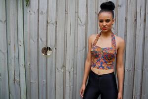 Image of Magical Wonderland Blue Beaded Rose Flower Floral Batik Print Strap Corset Crop Top Bustier