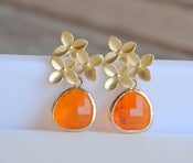 Image of Amber Orange Teardrop and Gold Cherry Blossom Flower Post Earrings