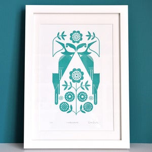 Image of Woodpeckers in Turquoise - Hand Pulled, Signed, Gocco Screen Print