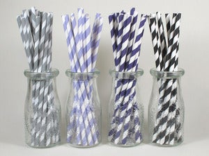 Image of Gray, Purple & Black Stripe Paper Straws