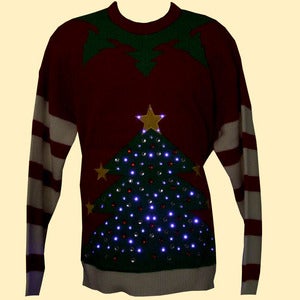 Image of Unisex Christmas Tree LED Lighted Knitted Christmas Jumper/Sweater- Red