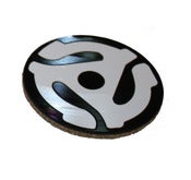 Image of Set of 4 45 Adapter Coasters made from recycled vinyl records. BLACK ADAPTER/WHITE