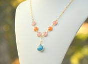 Image of Unique Fashion Necklace with Teal Teardrop and Shades of Coral Pink and Orange
