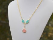 Image of Unique Fashion Necklace with Coral Pink Teardrop and Turquoise Marquise Glass and Crystals in Gold