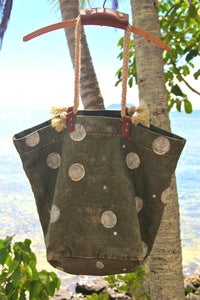 Image of vintage french linen canvas large beach market tote bag - polka dot