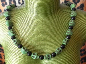 Image of Green & Black Sugar Candy Skull Stone Effect Day of the Dead Día de Muertos Necklace