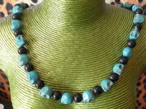 Image of Turqouise and Black Sugar Candy Skull Stone Effect Day of the Dead Día de Muertos Necklace
