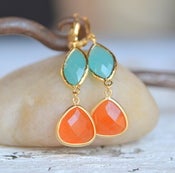 Image of Burnt Orange Teardrop and Turquoise Oval Dangle Earrings. Fall Fashion Earrings.