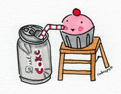 Image of Original Artwork: Mini Painting of Cupcake Drinking Diet Coke