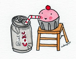 Image of Original Artwork: Mini Painting of Cupcake Drinking Diet Coke