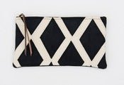 Image of a large black + white hand painted diamonds zip clutch with a METAL zipper 
