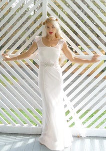 Image of Delphina: Art deco mermaid gown with cap sleeves and pearls