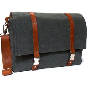 Image of Larger 13" Laptop messenger bag in gray herringbone and brown leather