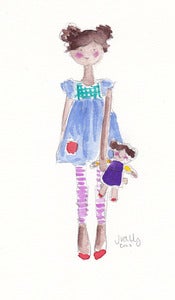 Image of GIRL & HER DOLL (POM POMS) - ORIGINAL WATERCOLOR