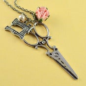 Image of Silver Scissors and Sewing Machine Charm Cluster Pendant Necklace with Pink Flower and Pearl