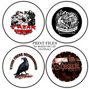 Image of 4 PINS / BADGE SET SOLD IN A ZIP BAG (FREAK/TECH FREAK/THERAPY SESSIONS & OBSCENE