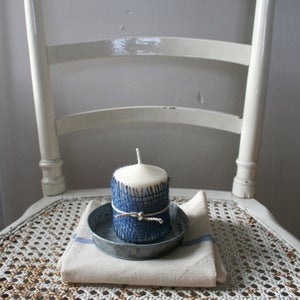 Image of Zinc Saucer with Candle and Vintage Towel