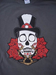 Image of SHANGO SUGAR SKULL W/ GOLD METALLIC INK T-SHIRT DK. GREY EDITION