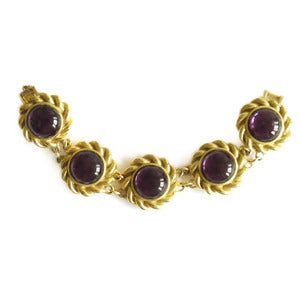 Image of Vintage Gold Tone Purple Amethyst Glass Ornate Statement Bracelet
