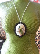 Image of Peacock Cameo Necklace on Black Resin Mount Bird Rockabilly Retro Kitsch Wildlife Nature
