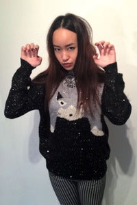 Image of knitted meow sequinned open knit jumper