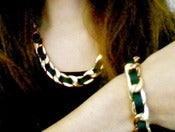 Image of Gold Links with Black Leather Necklace & Bracelet SET 