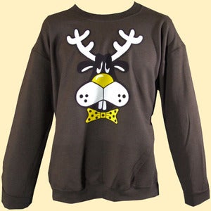 Image of Unisex Dopey Dasher the Reindeer Christmas Sweatshirt - Chocolate Brown