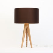 Image of Chocolate brown silk lamp shade with gold lining wooden table lamp