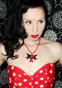 Image of Black Swallow Necklace with Red Eiffel Tower Cherry Charm on Red Plastic Chain Rockabilly Necklace 