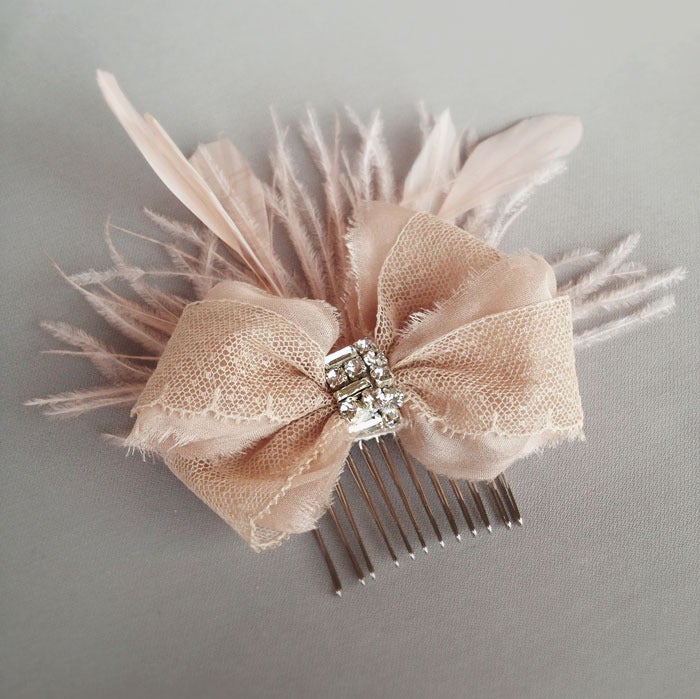 Image of Blush Lace Rhinestone Bow and Feather Comb