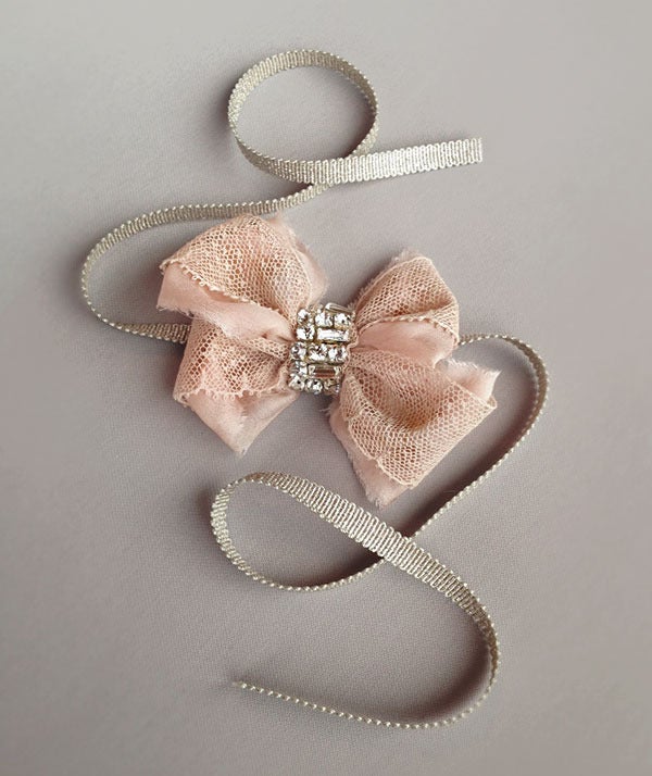Image of Blush Antique Lace Rhinestone Bow Cuff with Silver Grosgrain Ribbon